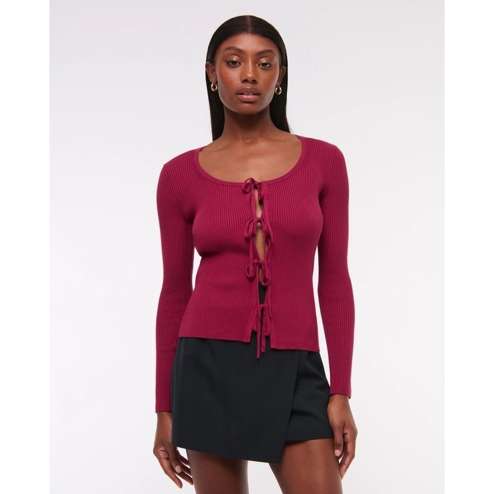 Abercrombie & Fitch Slim Ribbed Tie-Front Cardigan Burgundy Red‎ Large